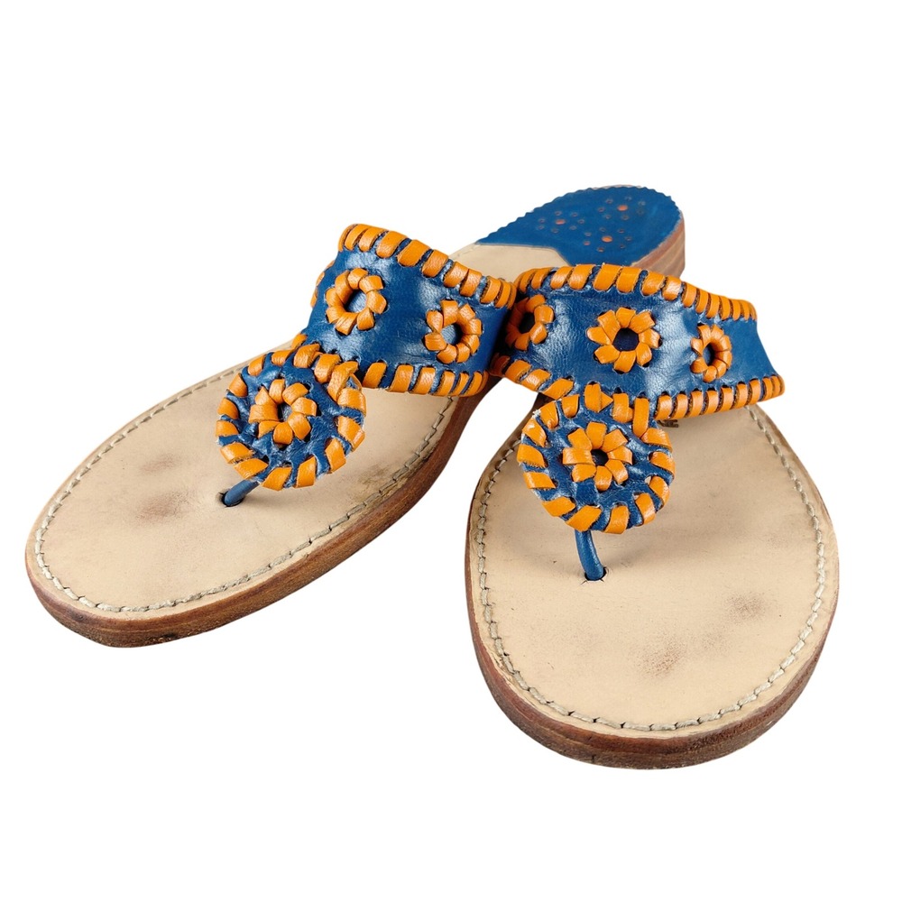 Palm Beach Sandals Womens 10 Blue Orange Leather Whipstitch‎ Thong Navajo Flats